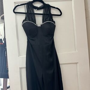 Black satin jumpsuit with rhinestones